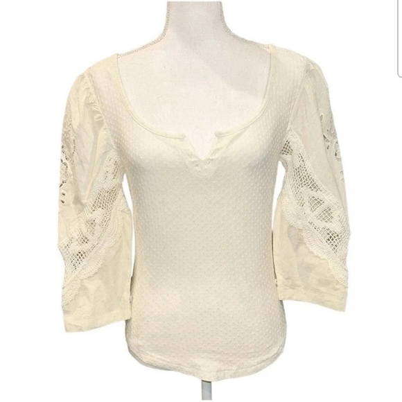 Free People NWT Brunch Date Henley Medium Eyelet 3/4 Sleeves Color Moon Glow Top - Picture 5 of 12
